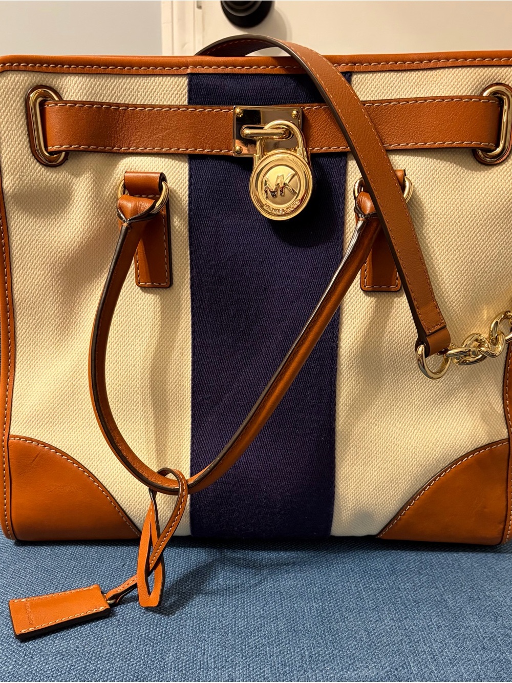 Michael Kors Cream, Navy & Tan Canvas Tote with Leather Trim